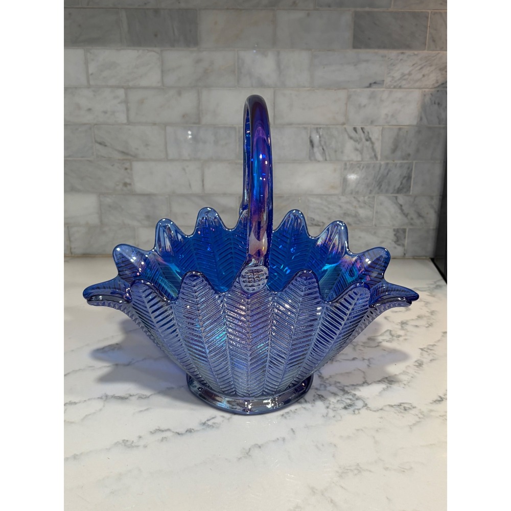 Vintage Cobalt Blue Carnival Glass Basket Iridescent Herringbone Pattern Decor